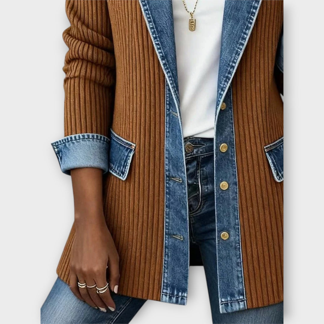Denim-Trim Ribbed Knit Blazer