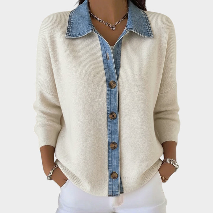 Button-Front Knit Cardigan with Contrast Collar