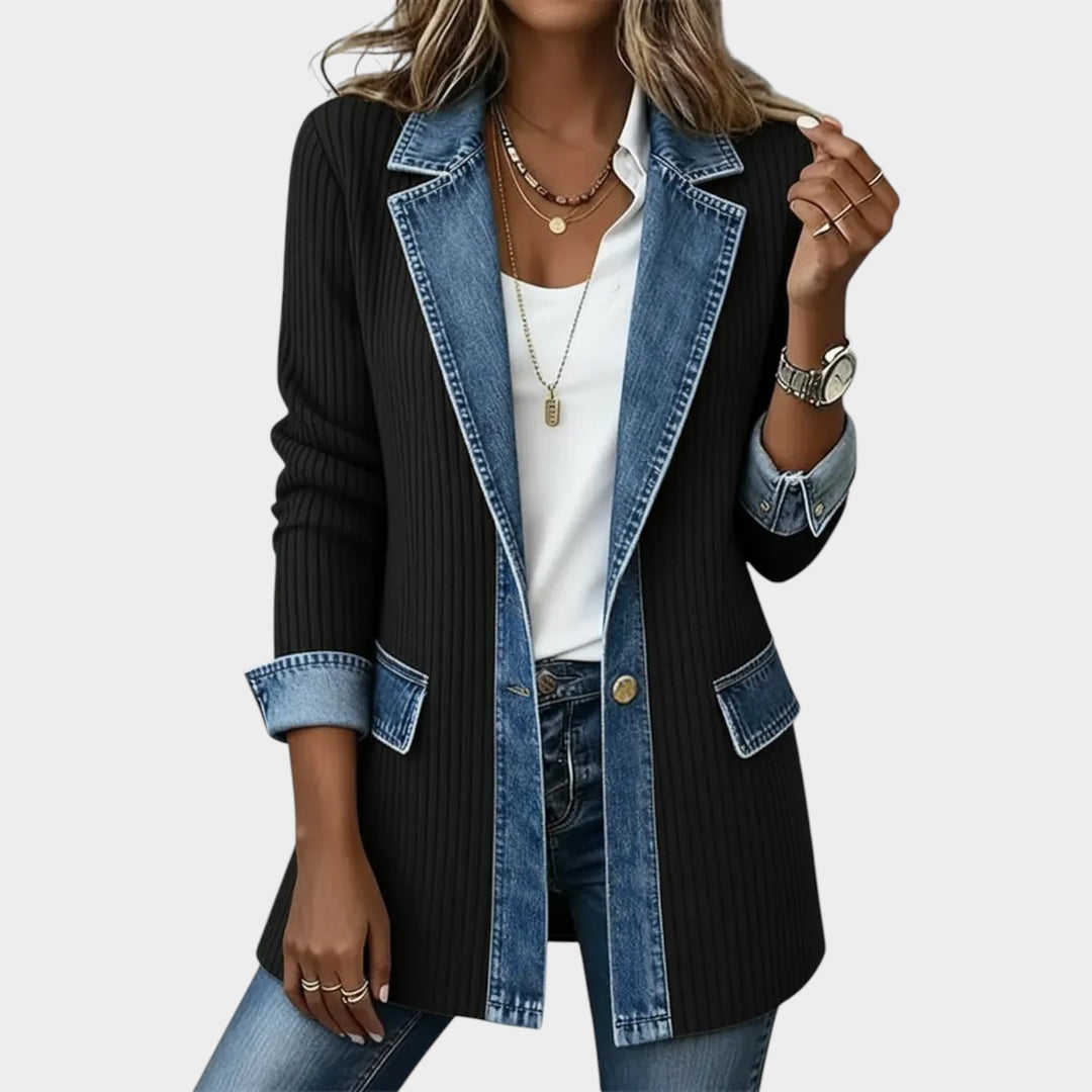 Denim-Trim Ribbed Knit Blazer