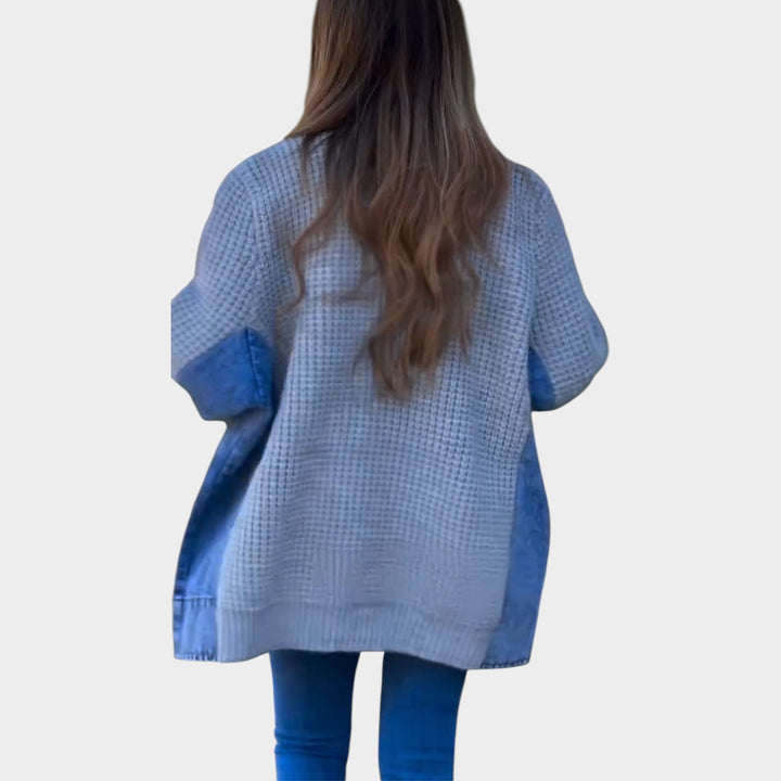 Denim-Detail Knit Cardigan Jacket