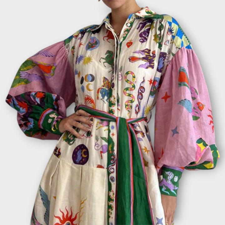 Maxi Dress with Belt & Puff Sleeves