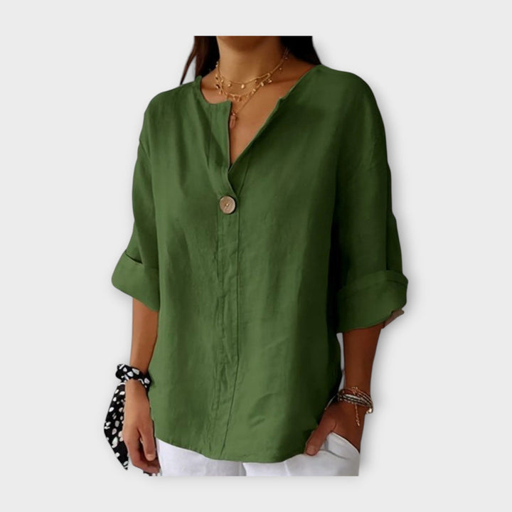 Linen Blouse with Button and V Neckline