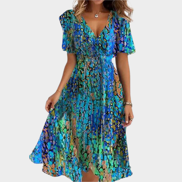 Airy Dress with Floral Design and V-Neck