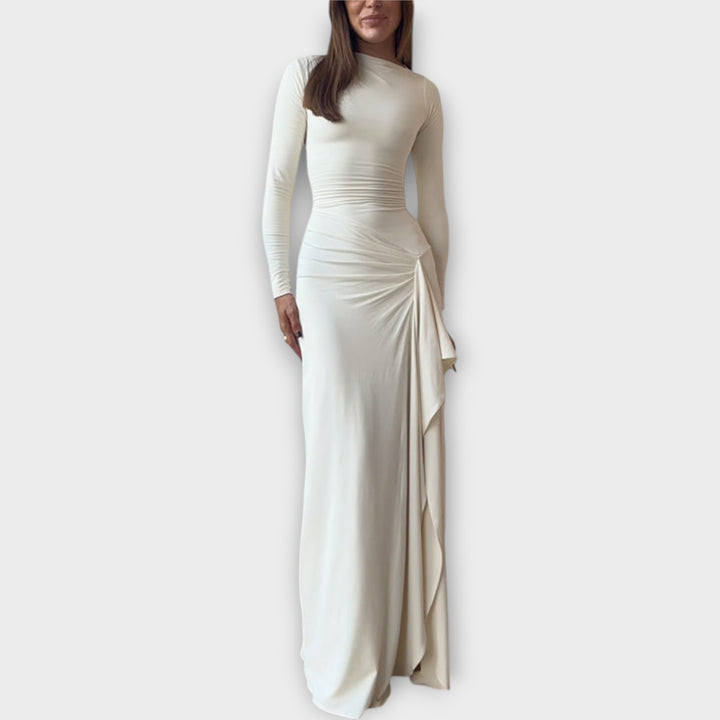 Graceful Long-Sleeve Maxi Dress with Draped Detail