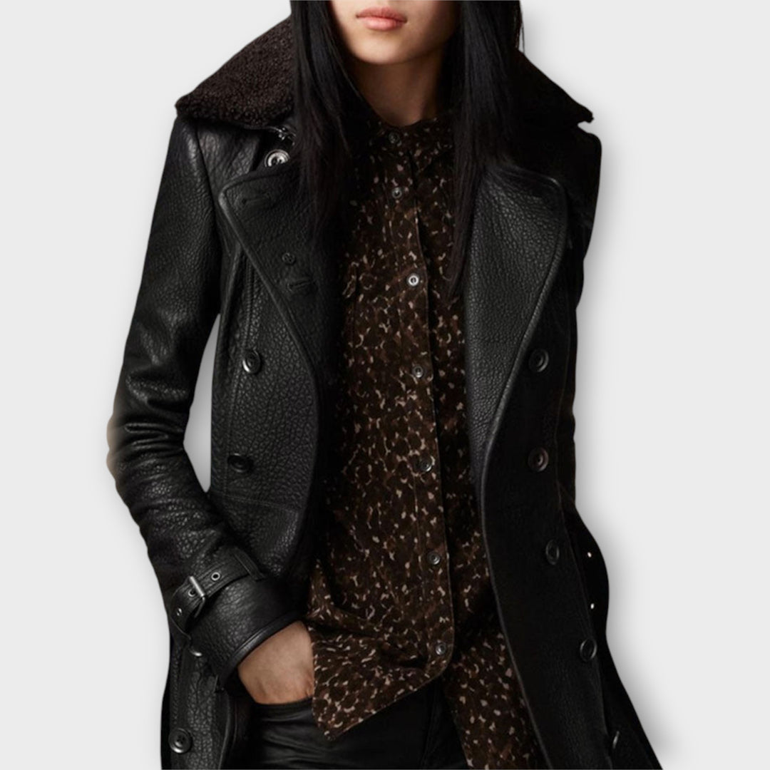 Tailored Leather Coat with Shearling Collar