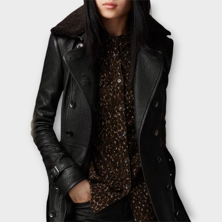 Tailored Leather Coat with Shearling Collar