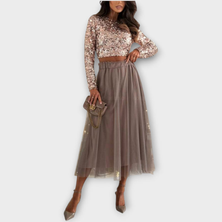 Sparkle Sequin Crop Top & Tulle Midi Skirt Set