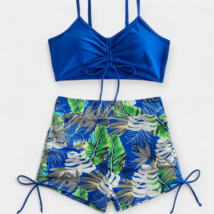 High-Waisted Bikini with Tropical Print and Straps