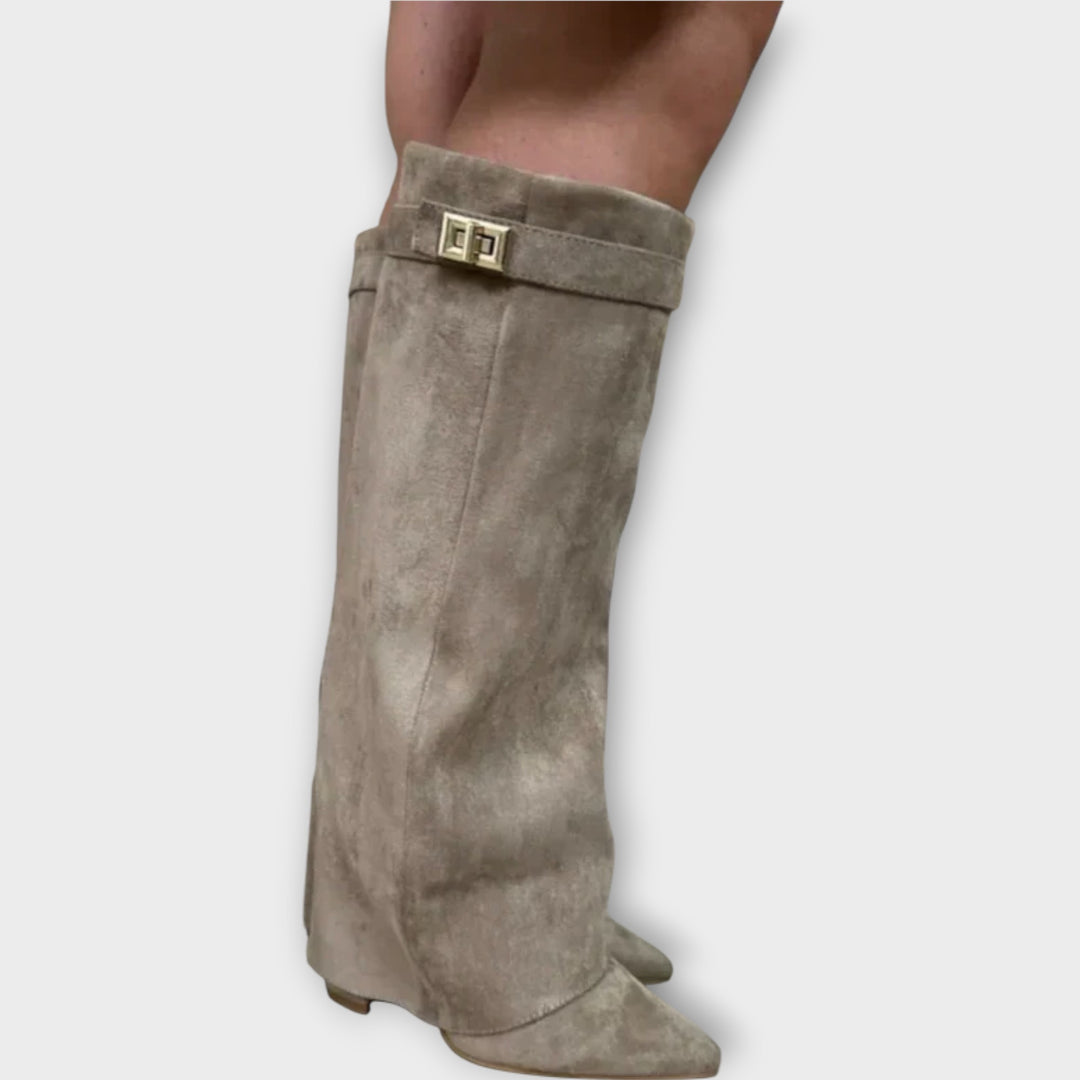 Taupe Suede Knee-High Pointed Boots