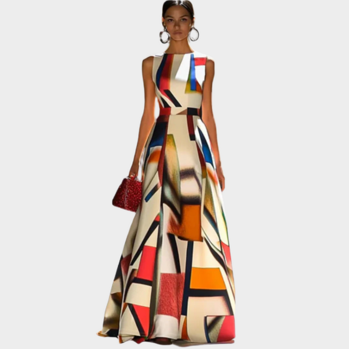 Maxi Dress with Linear Feel and Shiny Texture