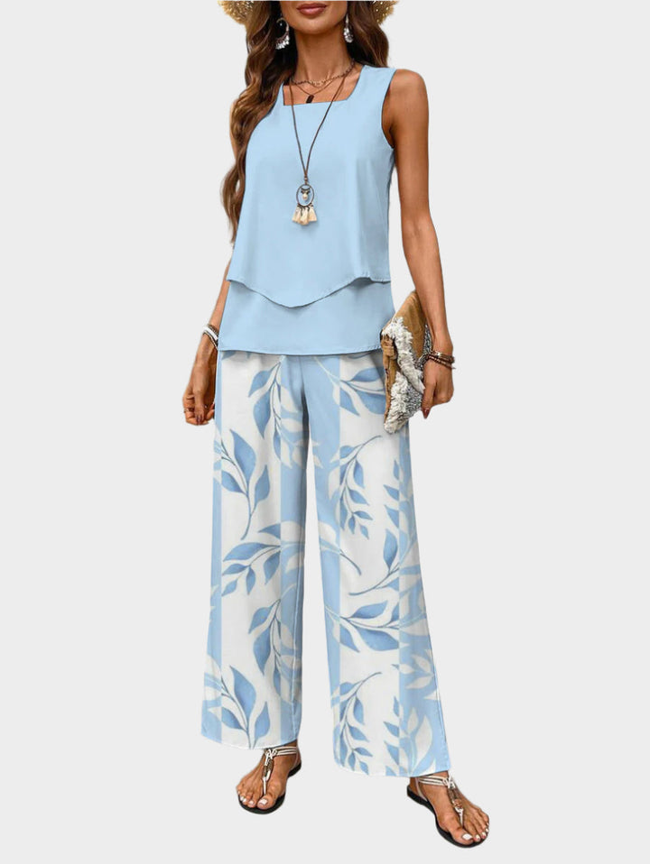 Summer Set with Sleeveless Top and Leaf Print Pants