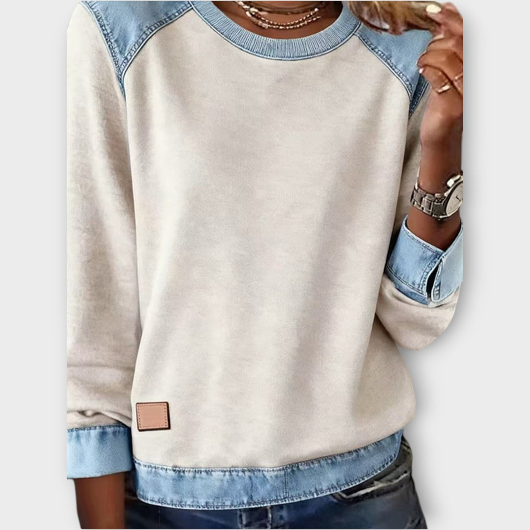 Denim-Trim Cozy Sweatshirt