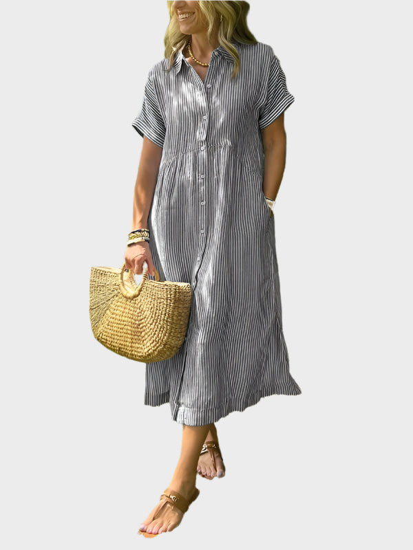 Striped Shirt Dress with Flaps, Buttons, and Functional Pockets