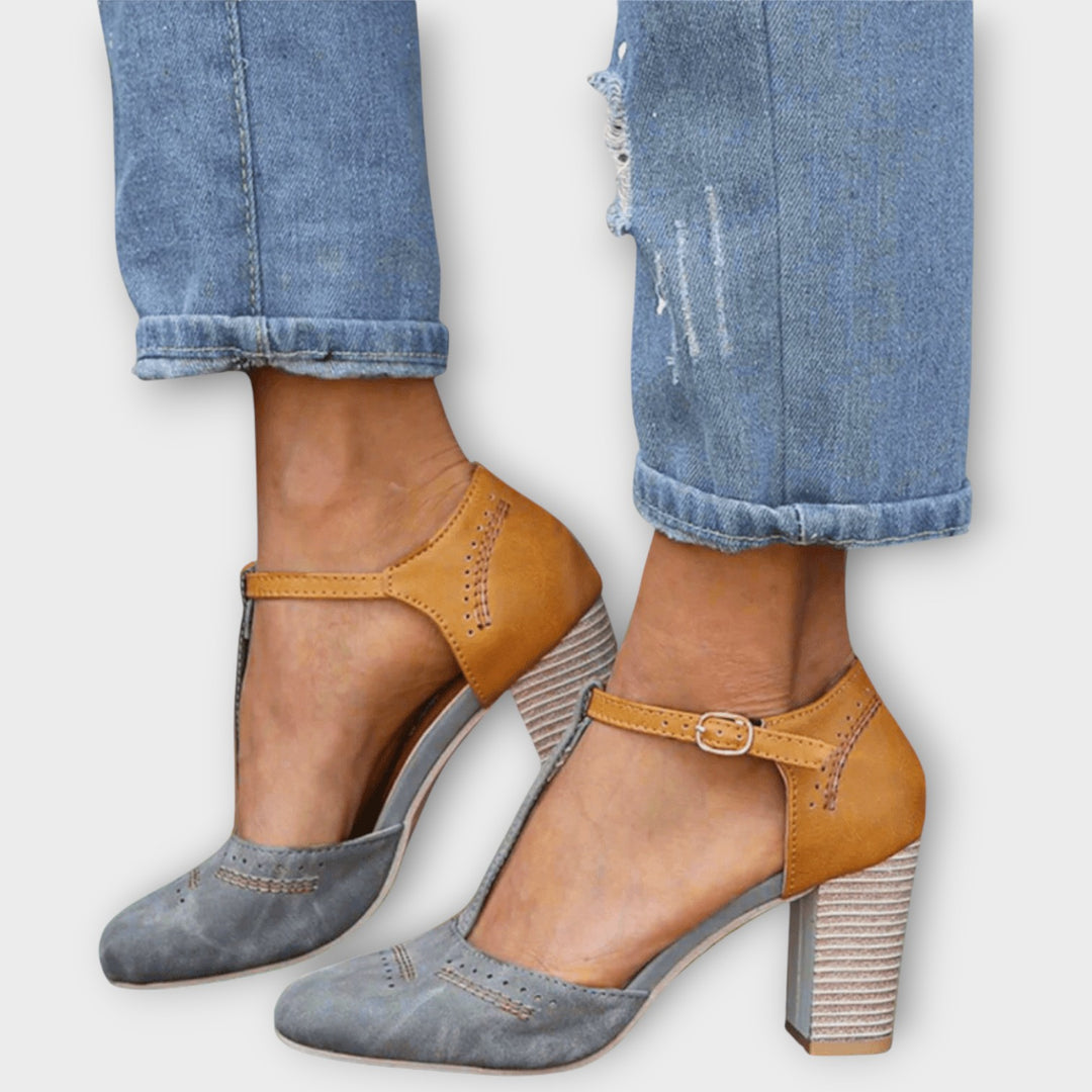 Retro Two-Tone T-Strap Block Heels