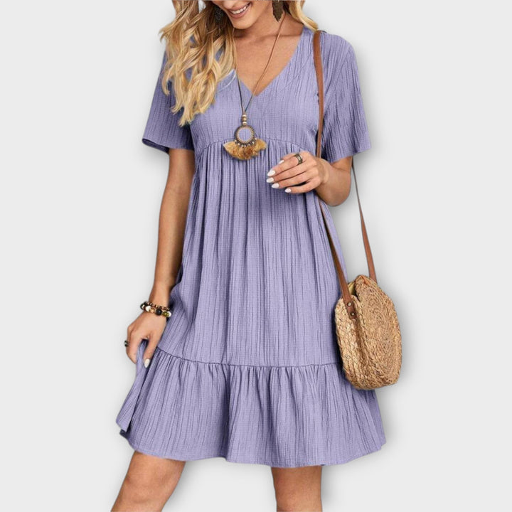 Summer Boho Dress with Pleats and Short Sleeves
