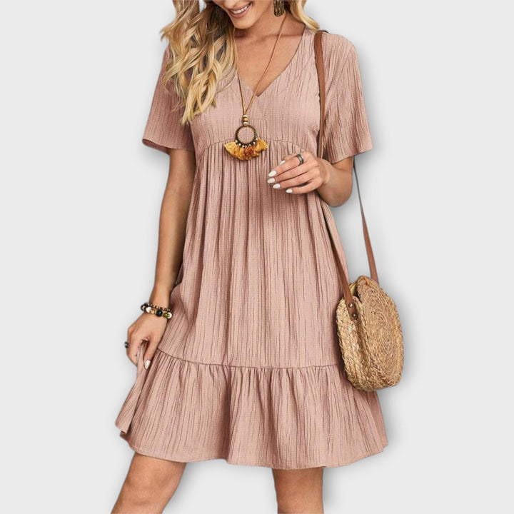 Summer Boho Dress with Pleats and Short Sleeves