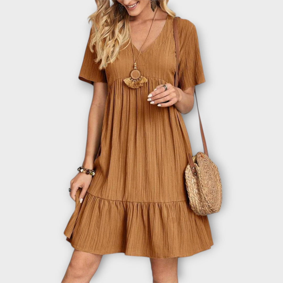 Summer Boho Dress with Pleats and Short Sleeves