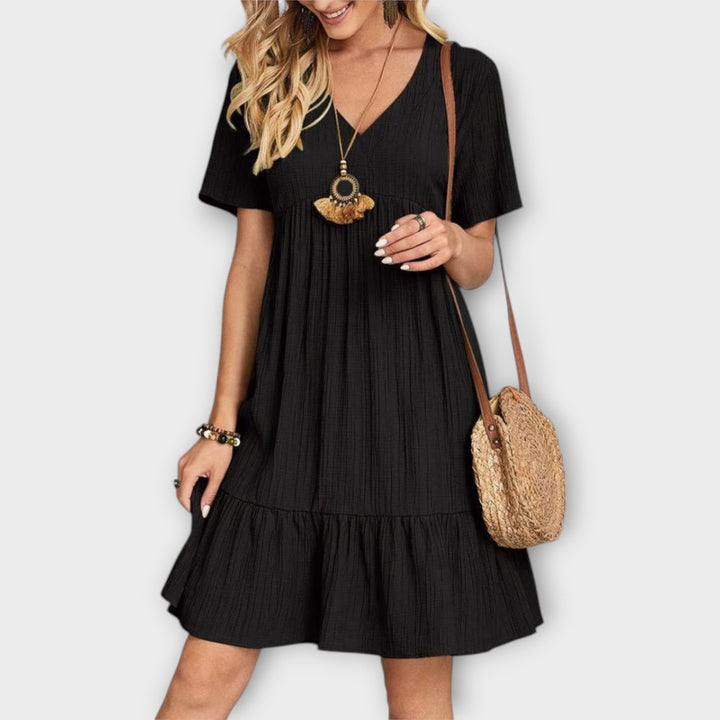 Summer Boho Dress with Pleats and Short Sleeves