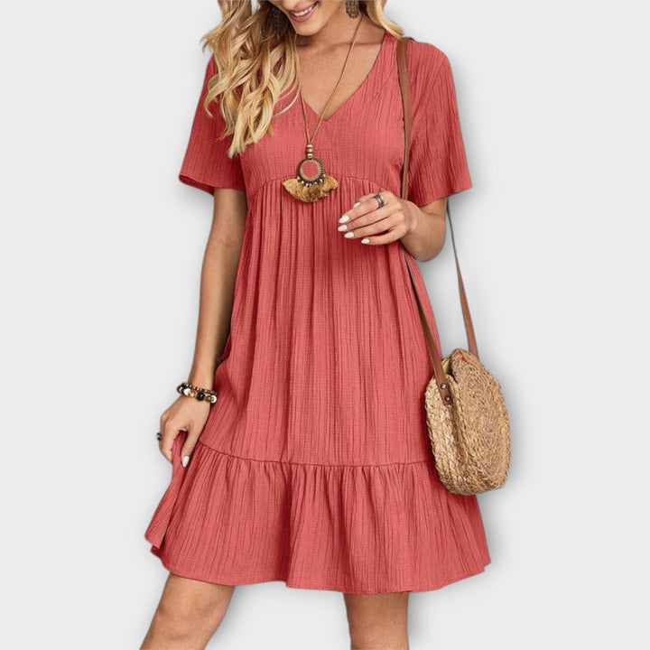 Summer Boho Dress with Pleats and Short Sleeves