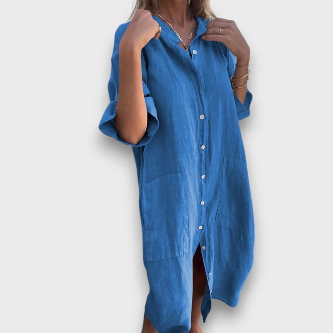 Linen Button-Up Dress with Pockets