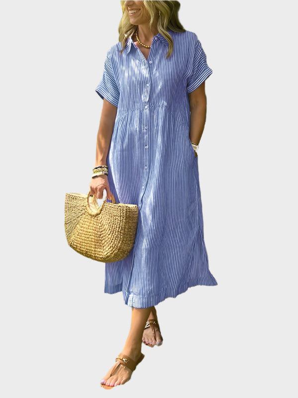 Striped Shirt Dress with Flaps, Buttons, and Functional Pockets