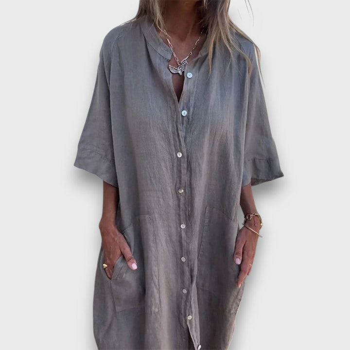 Linen Button-Up Dress with Pockets