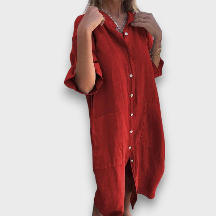 Linen Button-Up Dress with Pockets