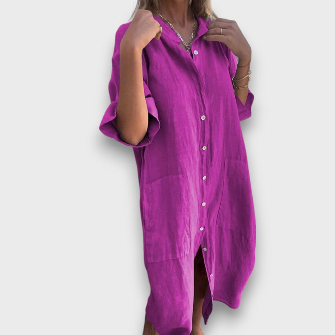Linen Button-Up Dress with Pockets