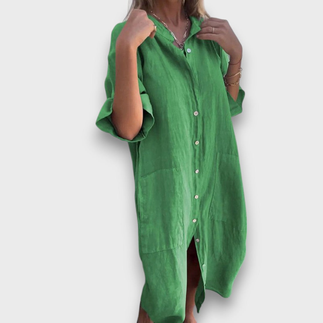 Linen Button-Up Dress with Pockets