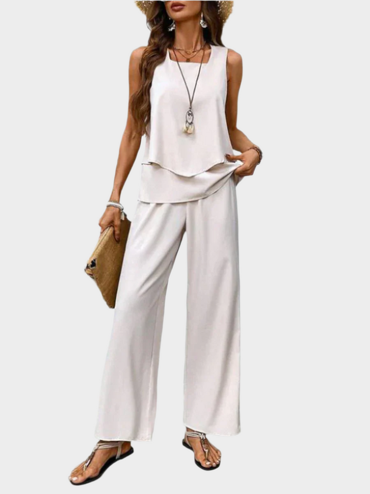Summer Set with Sleeveless Top and Leaf Print Pants