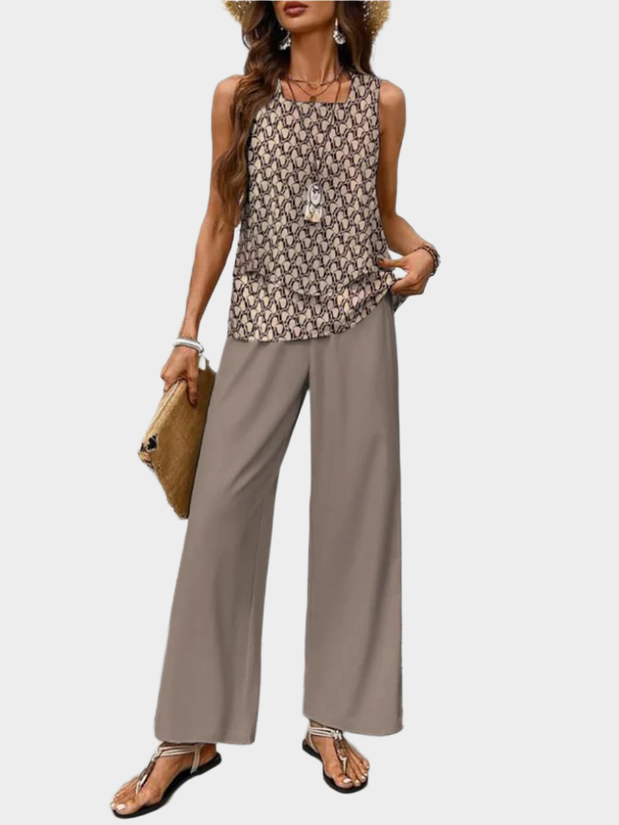 Summer Set with Sleeveless Top and Leaf Print Pants
