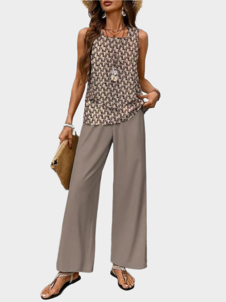 Summer Set with Sleeveless Top and Leaf Print Pants