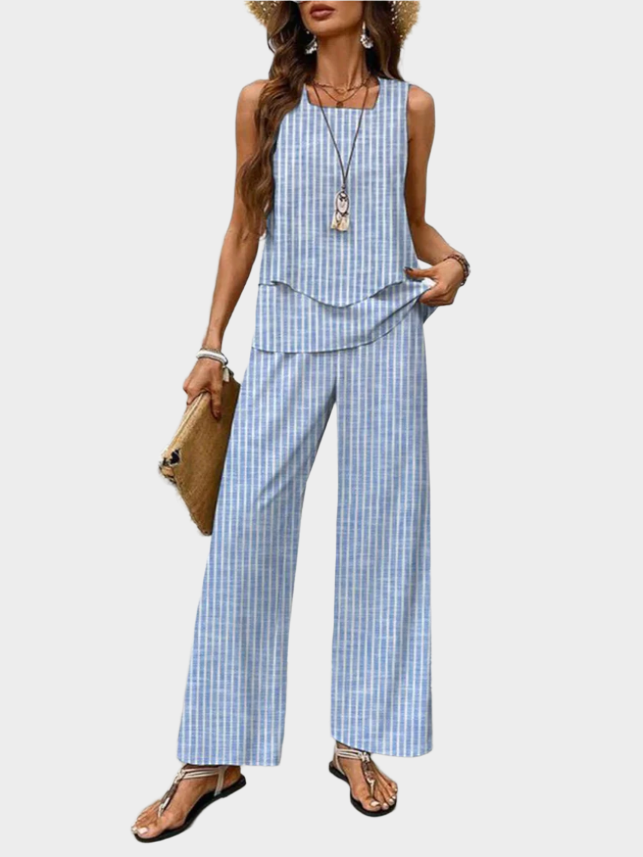 Summer Set with Sleeveless Top and Leaf Print Pants