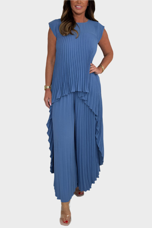 Pleated Top Set with Short Sleeves and Irregular Midi Length, Wide-Leg Pants with Elastic Waist