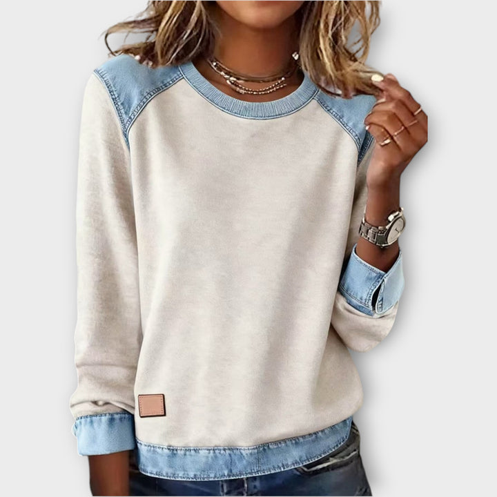 Denim-Trim Cozy Sweatshirt