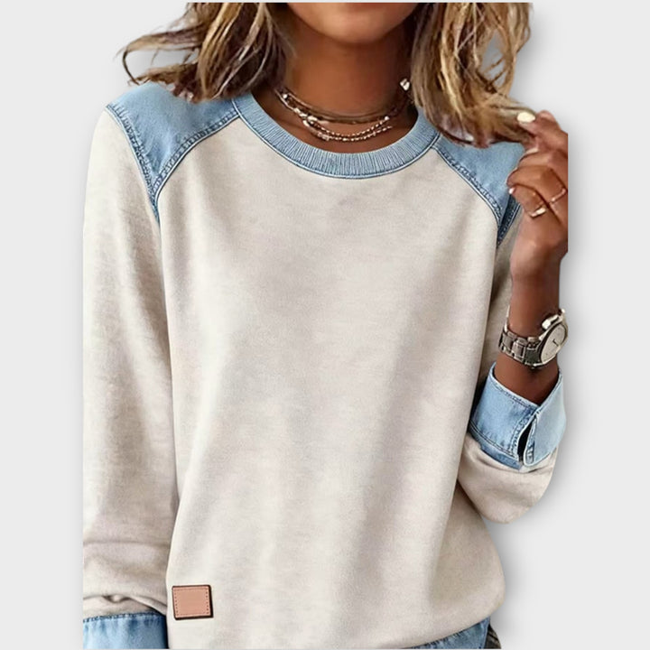 Denim-Trim Cozy Sweatshirt
