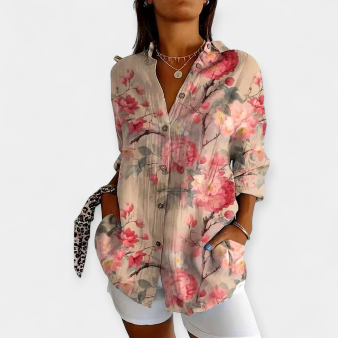 Button-Up Blouse with Floral Design