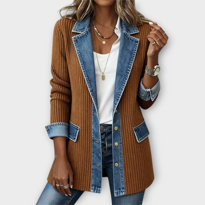 Denim-Trim Ribbed Knit Blazer