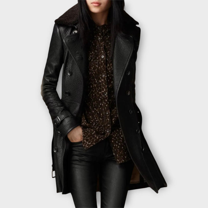 Tailored Leather Coat with Shearling Collar
