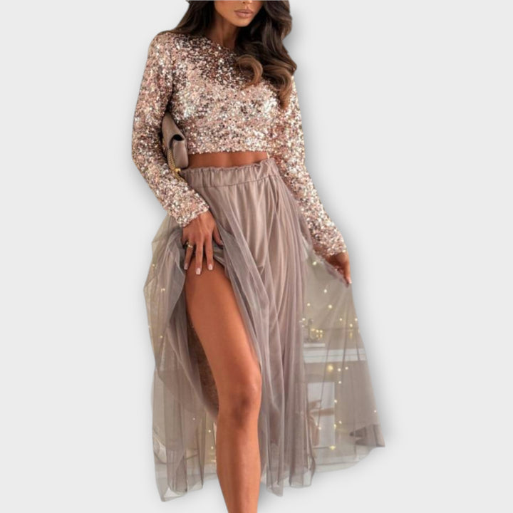 Sparkle Sequin Crop Top & Tulle Midi Skirt Set