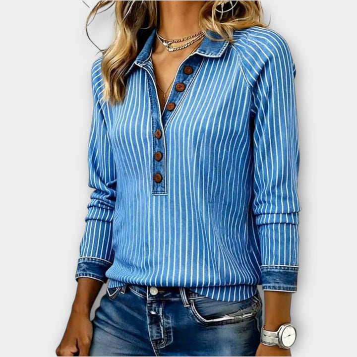 Striped Denim-Trim Button Top