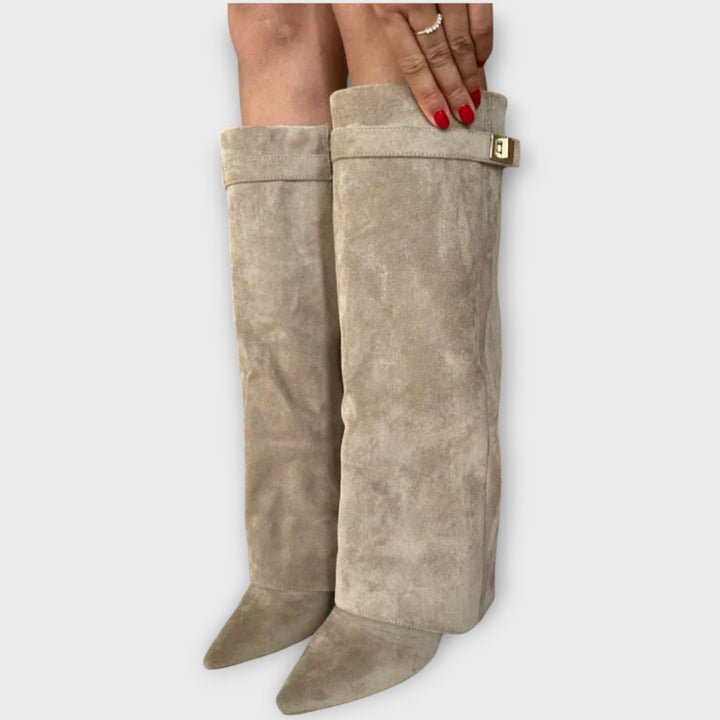 Taupe Suede Knee-High Pointed Boots