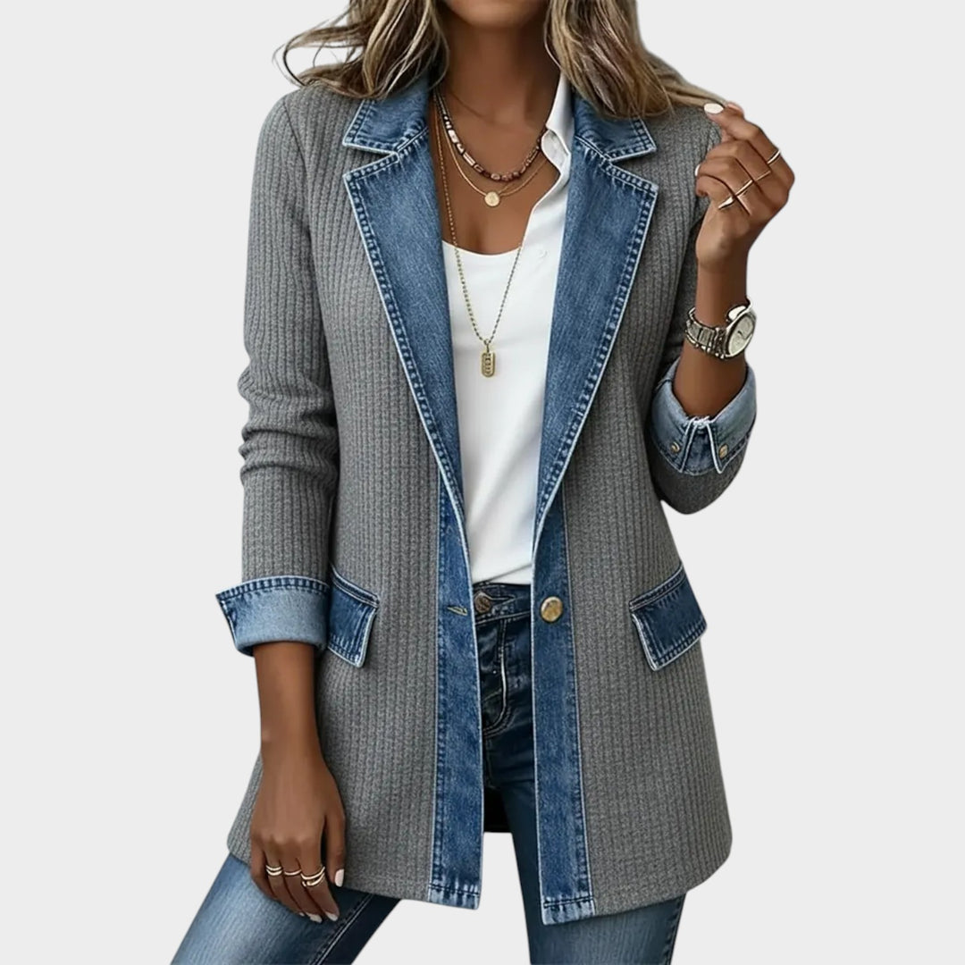 Denim-Trim Ribbed Knit Blazer
