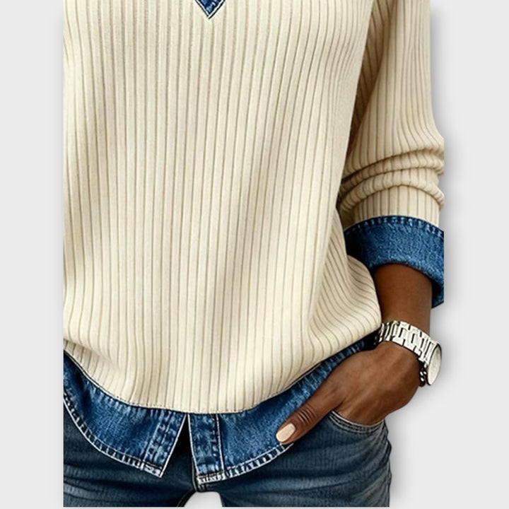 Ribbed Denim-Collar Knit Top