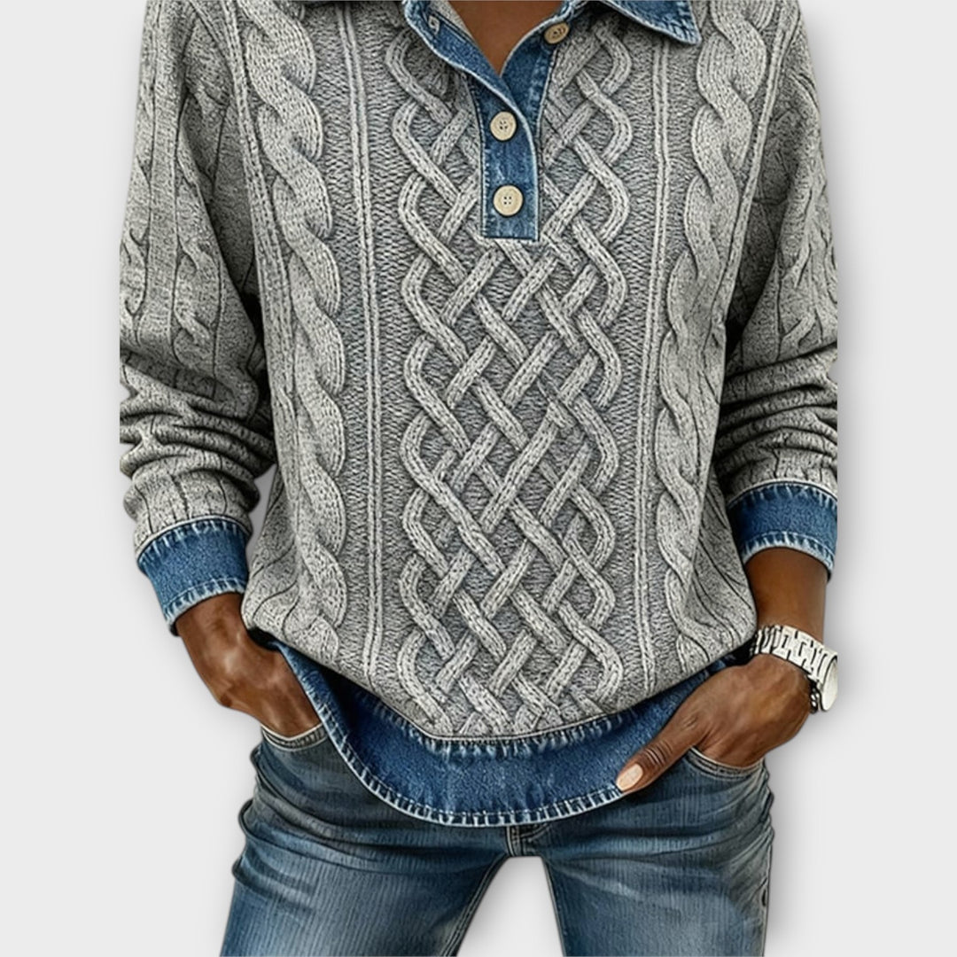 Denim-Collar Cable Knit Pullover