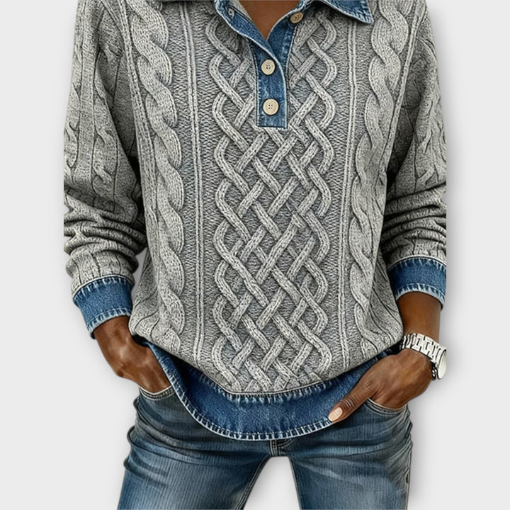 Denim-Collar Cable Knit Pullover