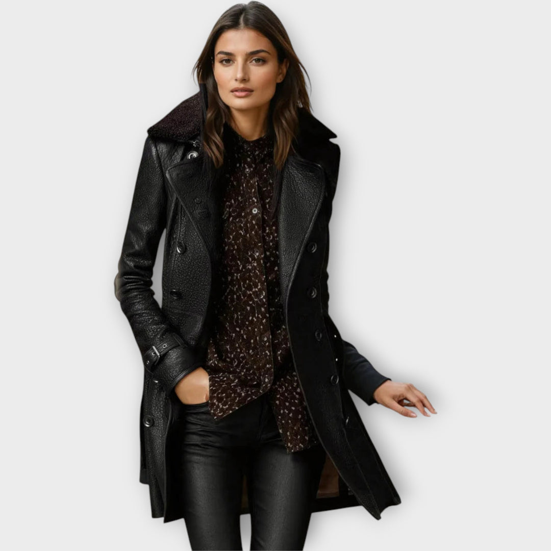 Tailored Leather Coat with Shearling Collar