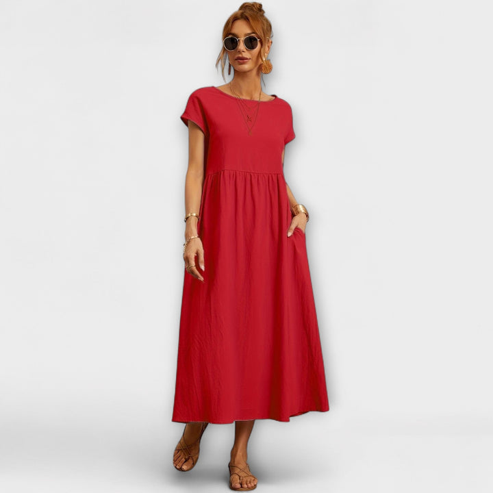 Midi Dress with Simple Line and Side Pockets