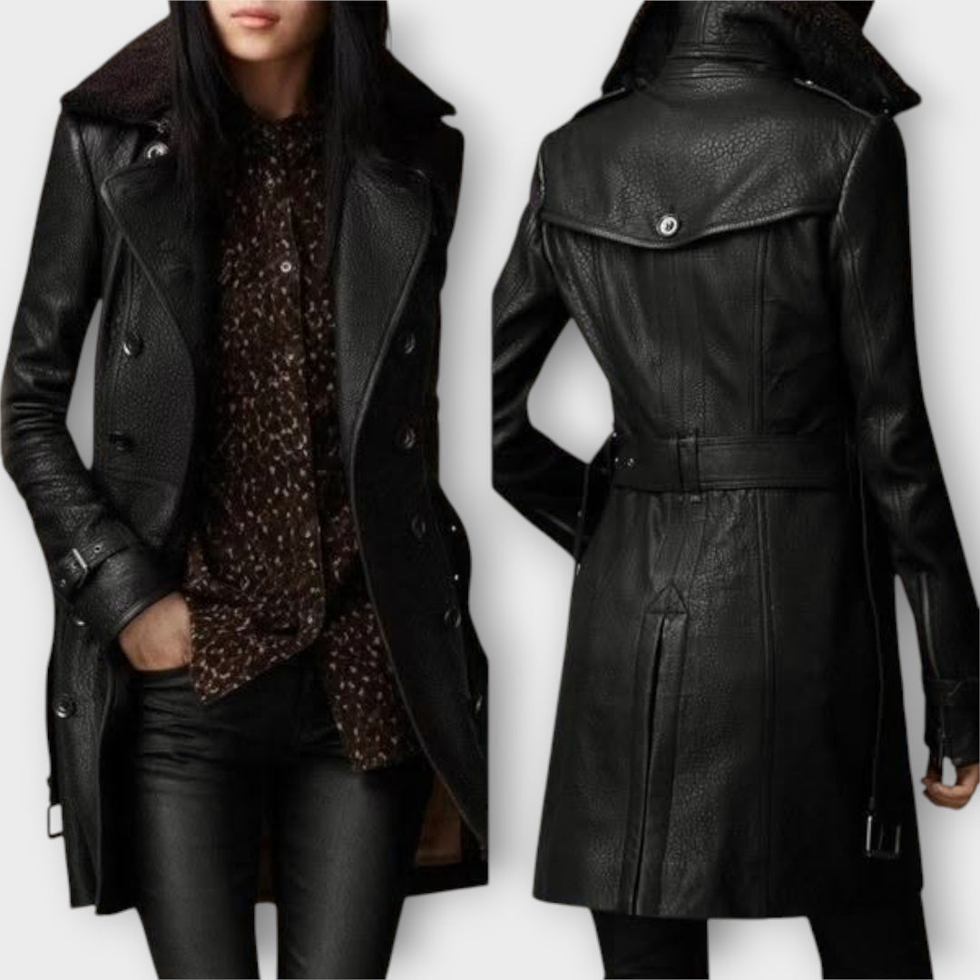 Tailored Leather Coat with Shearling Collar