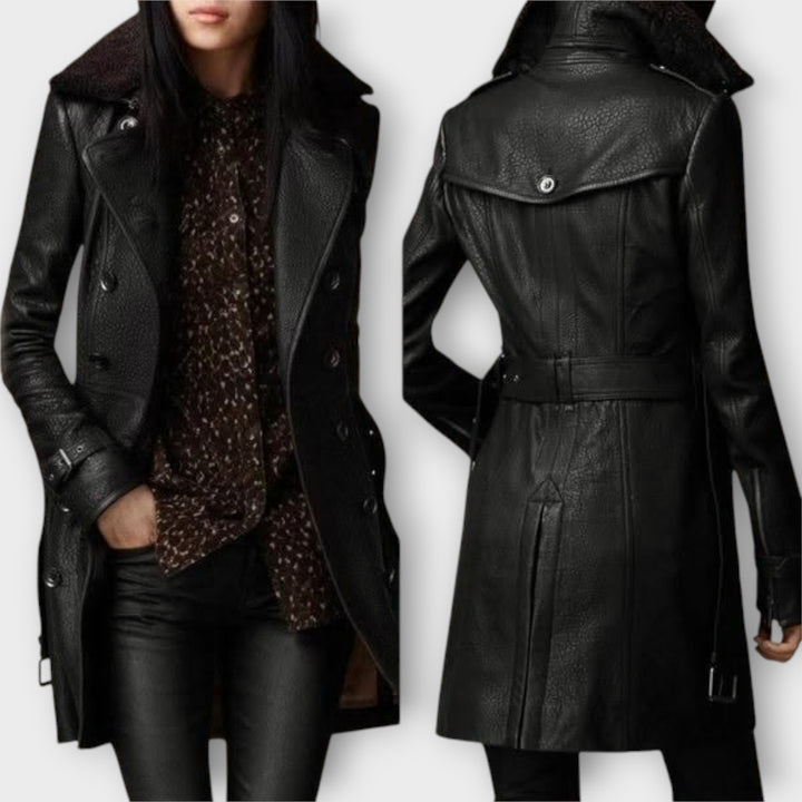 Tailored Leather Coat with Shearling Collar